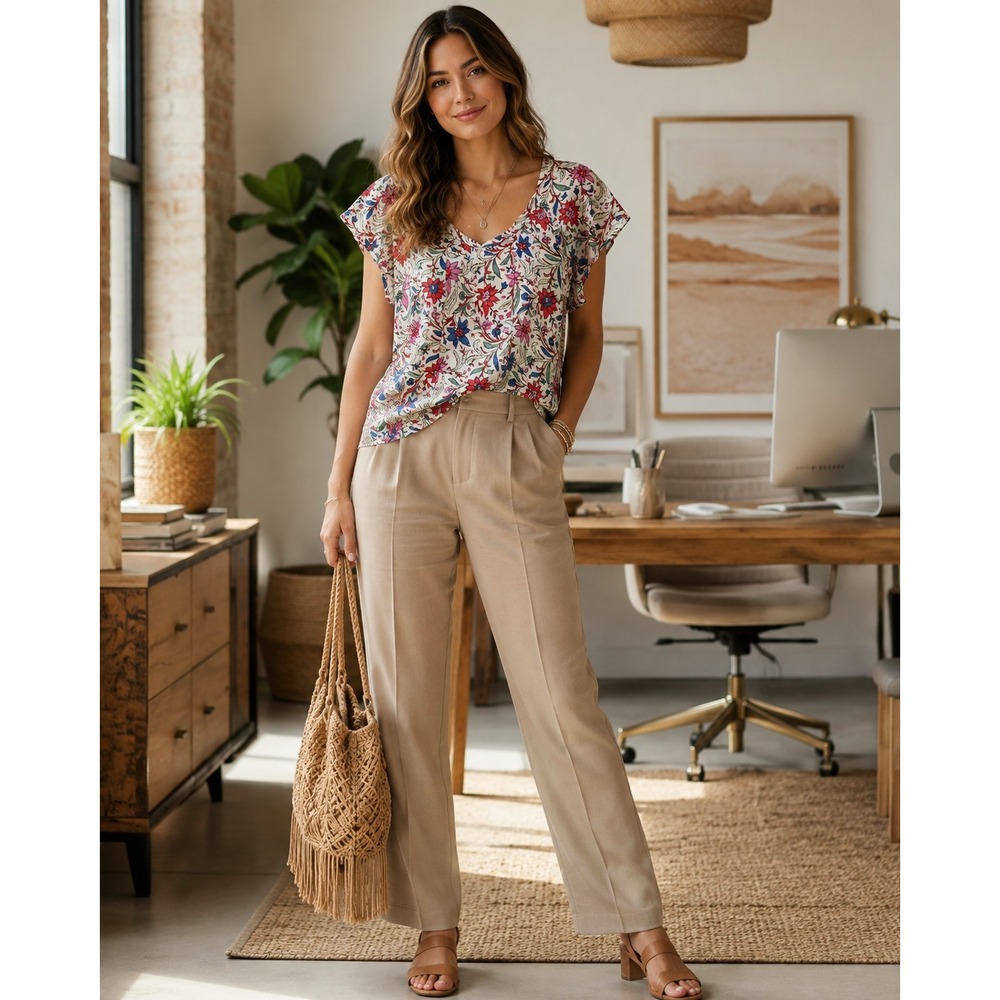 LOFT Petites Floral V-Neck Blouse Short Sleeve Linen Blend Top XSP New